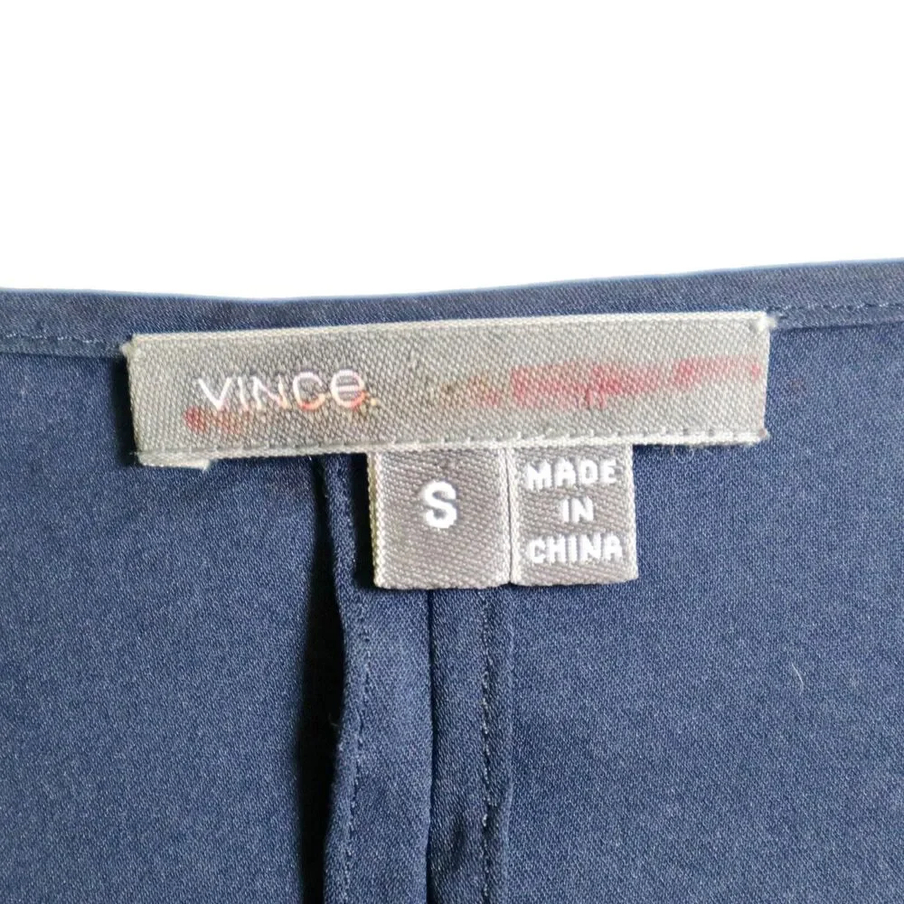 Vince Size S Stretch Silk Satin Boxy Blouse Gold Zipper Neck Navy Blue